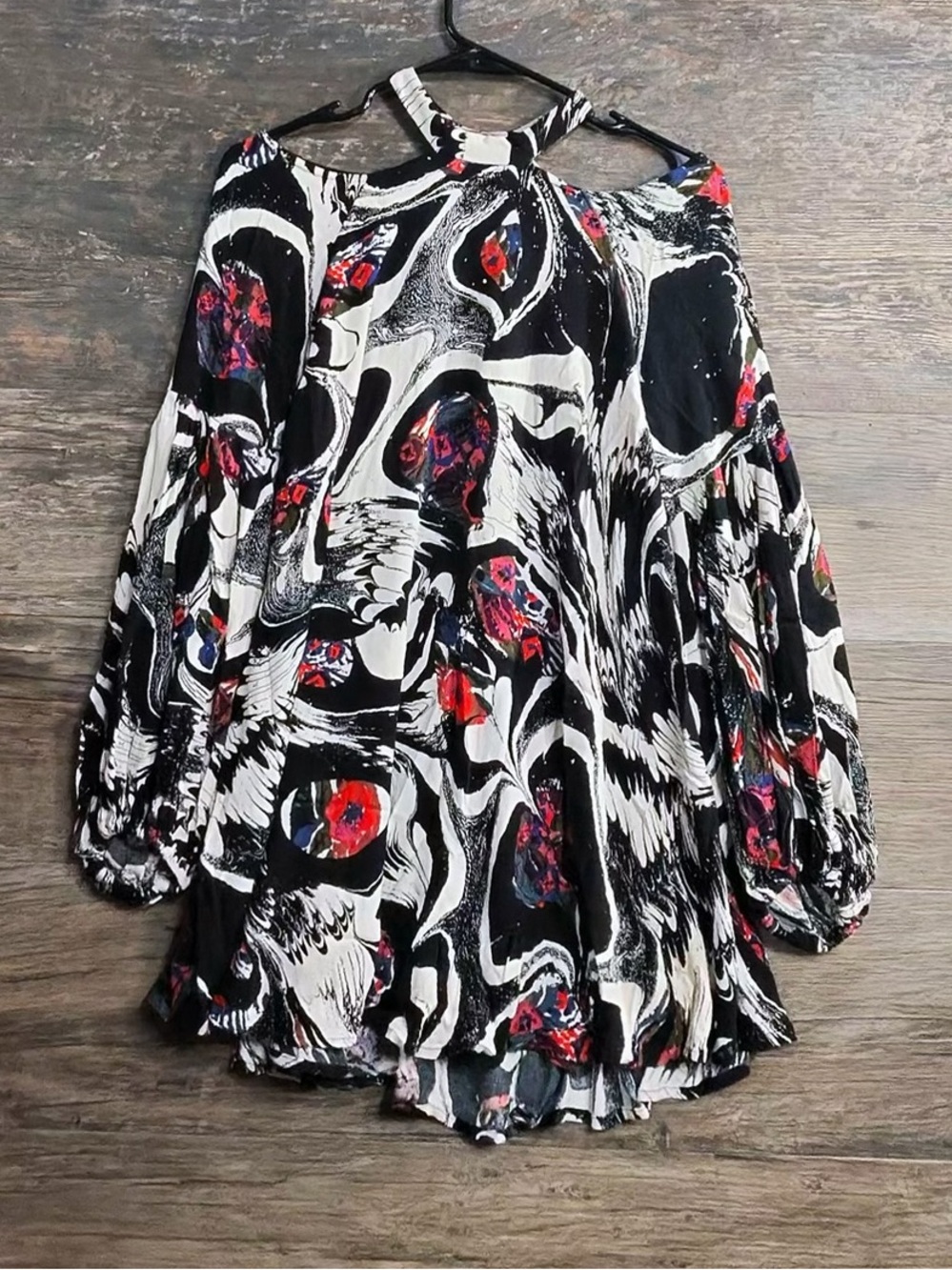 Free People Black & White Swirl Floral Cold-Shoulder Blouse